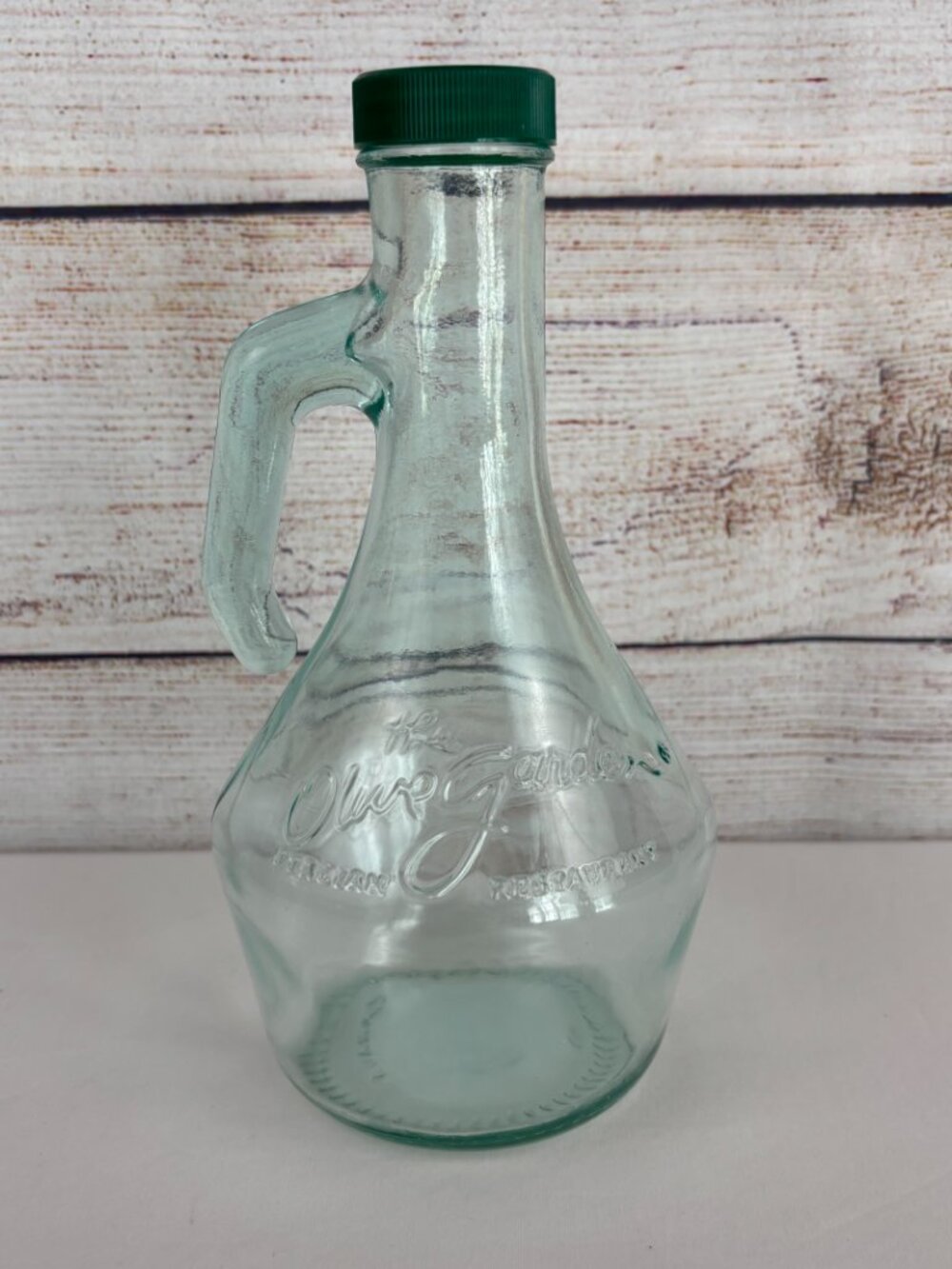 VTG Olive Garden Glass Cruet Salad Dressing Bottle Green Tint Dispenser